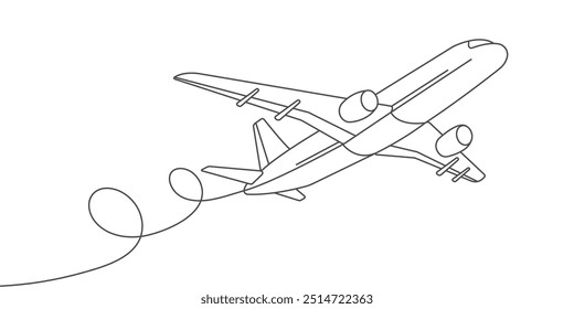 Flying plane.Airplane line drawing.Air flights.Vacation banner.Vector illustration .