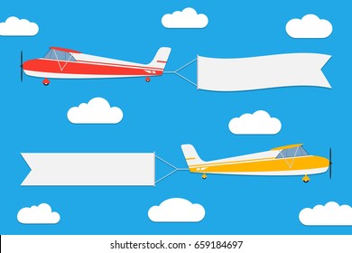 Flying planes with banners. Set of aircrafts with advertising ribbons on blue sky background. Vector illustration.