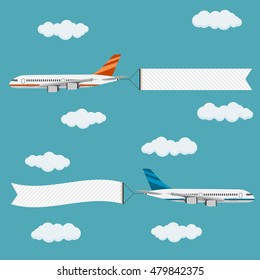 Flying planes with banners, template for text, vector illustration.
