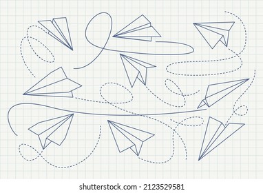 Flying planes from different direction with dotted line tracks, black drawing wallpaper texture, fabric.

