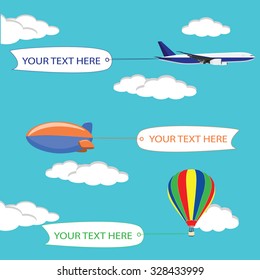 Flying planes, zeppelin and hot air balloon set with the banners, template for text, vector illustration