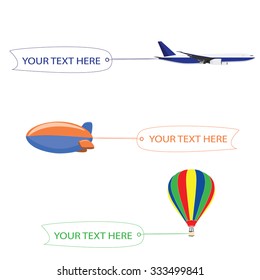 Flying planes, zeppelin and hot air balloon set with the banners, template for text, vector illustration
