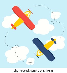 Flying plans with clouds. Small airplans in sky. Vector childrens illustration. 