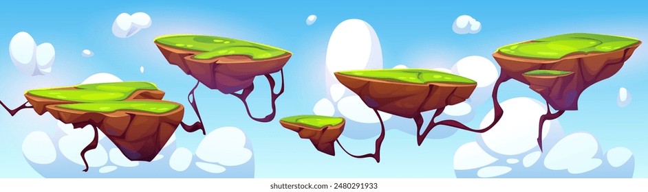 Plataformas voladoras para el diseño de juegos de arcade. Ilustración de dibujos animados de Vector de islas de fantasía con césped verde flotando en el cielo azul con nubes blancas celestiales, pedazos de tierra para juegos de viaje, mapa de aventura