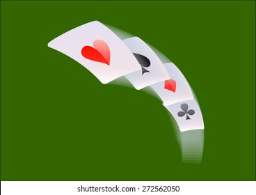Flying Playing Cards On Green Background
