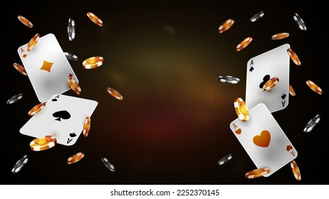 Flying playing cards and poker chips on gold shiny blurred background