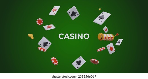 Flying playing cards, red chips for poker, and slot machine. Concept of risk and gamble. Website for online casino with green background. Vector illustration in 3D style with place for text