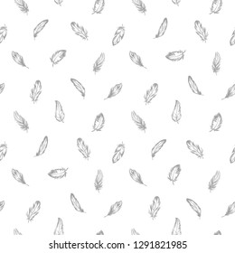Flying plumage seamless pattern in monochrome. Vector isolated plume on white background. Gray feathers. Trendy backdrop. For fabric and clothes design, wallpaper, scrapbooking, stamping, bed linen.