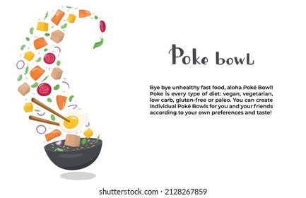 Flying poke bowl ingredients with hand written lettering and text. Healthy food concept. Vector stock illustration for banner, menu fast food restaurant, isolated on white background. EPS10