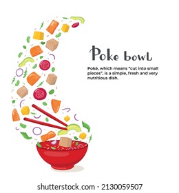 Flying poke bowl ingredients with hand written lettering and text. Healthy food concept. Vector stock illustration for banner, menu fast food restaurant, isolated on chalkboard background. EPS10