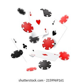 Flying poker cards and chips, casino gambling game. Realistic 3d vector jack pot, falling red and black round pieces. Big win online casino bets, internet gamble or vegas club playing recreation