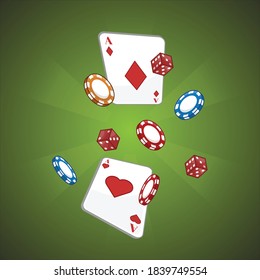 Flying poker cards, chips and dice vector illustration. Casino roulette background banner concept. Isometric betting poster with green background.