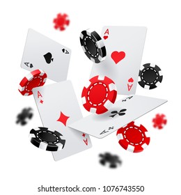 Flying poker chips and aces cards for internet casino banner. Las Vegas gambling poster or sign. Fortune and luck, chance and sport, success and risk theme