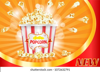 Flying Popcorn Ad Poster, Design Ads Template, Promotion Banner, Red and White Striped Cardboard Bucket, Hand Drawn Vector Photorealistic 3D Illustration