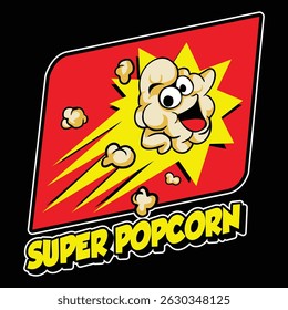 flying Popcorn Cute cartoon character. Retro comic style. Cinema, movie theater, cinematography, movie watching, food concept.