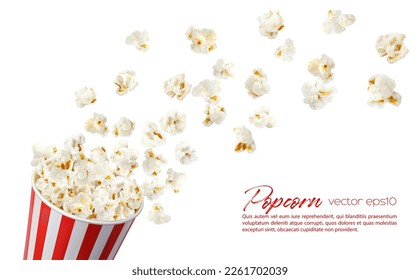 Flying popcorn flakes with bucket. Striped pop corn box realistic vector mock up, white and red paper container with snack seeds floating in air, 3d concept for cinema or movie theater promotion