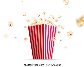 Flying popcorn from paper striped bucket isolated on white background, concept of watching TV or cinema in 3d illustration