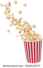 Flying popcorn from paper striped bucket and scattered popcorn isolated illustration on white background. Concept of cinema or watching TV.