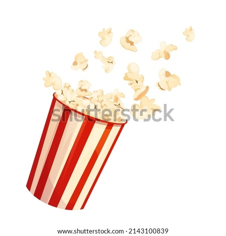 Flying popcorn in striped red box. Cartoon vector illustration.