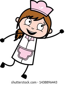 Flying Pose - Retro Cartoon Waitress Female Chef Vector Illustration