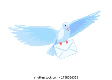 Flying post pigeon with a letter isolated on background. Free white dove with envelope. Air mail delivery symbol. Flat cartoon vector illustration. Retro message sent.