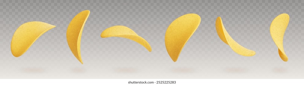 Flying potato chip 3d realistic set isolated on transparent background. Vector illustration of crisp snack floating in air. Crunchy junk food meal. Fried or baked wavy slices of vegetable root.