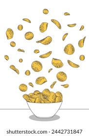 Flying potato chips in a glass plate. Potato chips on a white background. Vector illustration