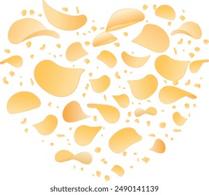 Flying potato chips shaped like love, isolated on white background