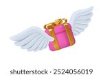 Flying present with wings, isolated realistic 3d icon. Vector sales and limited time discounts, gift for special occasions. Box with wrapping and golden ribbon. Quick mail postage service