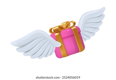 Vuelo presente con alas, icono 3d realista aislado. Vector de ventas y descuentos por tiempo limitado, regalo para ocasiones especiales. Caja con envoltura y cinta dorada. Servicio de correo rápido