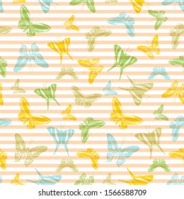 Flying pretty butterfly silhouettes over striped background vector seamless pattern. Girlish fashion textile print design. Stripes and butterfly winged insect silhouettes seamless wallpaper.