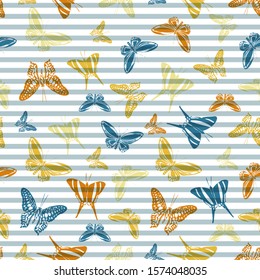 Flying pretty butterfly silhouettes over striped background vector seamless pattern. Childish fashion textile print design. Lines and butterfly winged insect silhouettes seamless illustration.