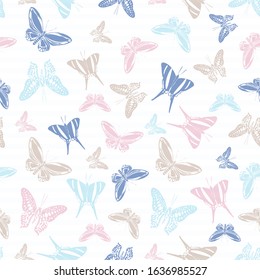 Flying pretty butterfly silhouettes over horizontal stripes vector seamless pattern. Baby clothing textile print design. Stripes and butterfly winged insect silhouettes seamless illustration.