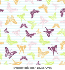 Flying pretty butterfly silhouettes over striped background vector seamless pattern. Baby clothing fabric print design. Lines and butterfly winged insect silhouettes seamless wallpaper.