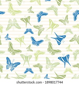 Flying pretty butterfly silhouettes over horizontal stripes vector seamless pattern. Childish fashion fabric print design. Stripes and butterfly garden insect silhouettes seamless wallpaper.