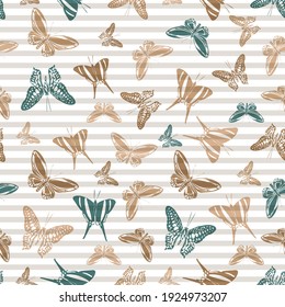 Flying pretty butterfly silhouettes over striped background vector seamless pattern. Baby clothing textile print design. Lines and butterfly winged insect silhouettes seamless wallpaper.