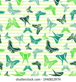 Flying pretty butterfly silhouettes over horizontal stripes vector seamless pattern. Kids fashion textile print design. Stripes and butterfly winged insect silhouettes seamless pattern.