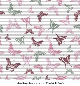 Flying pretty butterfly silhouettes over striped background vector seamless pattern. Kids fashion textile print design. Lines and butterfly garden insect silhouettes seamless pattern.