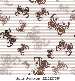 Flying pretty butterfly silhouettes over striped background vector seamless pattern. Kids fashion textile print design. Lines and butterfly garden insect silhouettes seamless wallpaper.