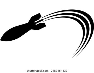 A flying projectile with an arc trail. Black symbol on a white background. Launched rocket. War, weapons. Vector illustration