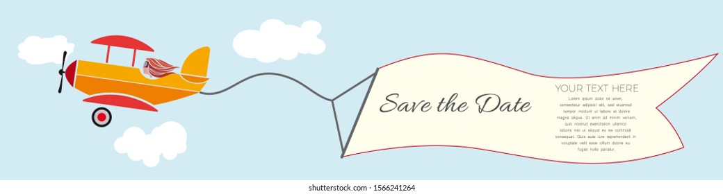 Flying Propel Plane Pulling a Blank Long Banner Strip for advertisement. Vector flat design, empty template for business,  promotion and marketing