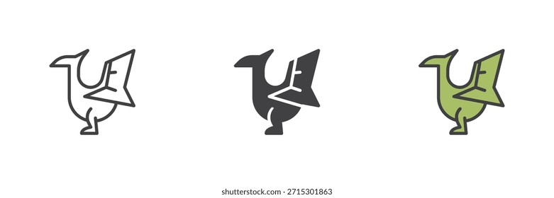 Icono de pterodáctilo volador establecido en estilos de líneas, sólidos y rellenos. Icono prehistórico del símbolo y del signo del Vector del reptil, ilustración en color de la aviación antigua.