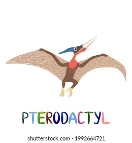 Flying pterodactyl, prehistoric dinosaurs collection. Ancient animals. Hand drawn.