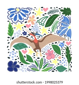 Flying pterodactyl, prehistoric dinosaurs collection. Ancient animals. Hand drawn. In a frame of flowers and leaves.
