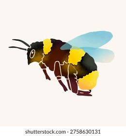 Flying puffy bumblebee or Bee. Spring, summer, nature, insect, honey concept. Hand drawn modern Vector illustration. Logo, print, sticker template. Isolated design element