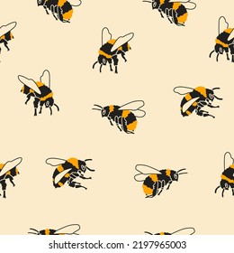 Flying puffy bumblebees or Bees. Spring, summer insects concept. Black and yellow bugs. Hand drawn modern Vector illustration. Square seamless Pattern. Background, wallpaper. Textile print template