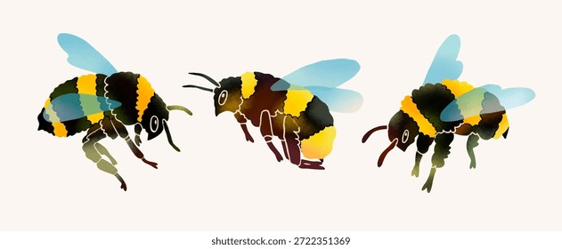 Abelhas ou mamangabas inchadas voadoras. Primavera, verão, conceito de natureza. Ilustração Vetor moderna desenhada à mão. Logotipo, impressão, modelos de adesivo. Elementos de design isolados 