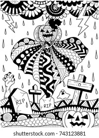 Flying pumpkin ghost above graveyard with thunder storm rain for card,poster and adult coloring book page. Vector illustration