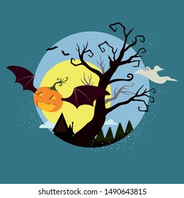 Flying pumpkin, Jack-o-lantern with bat wings laughing and flying over night sky on dark blue background. Silhouette of trees and ghost flying in the sky