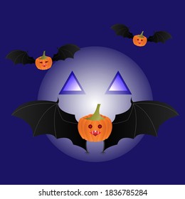 Flying pumpkins with bat wings on the background of a glowing moon.
